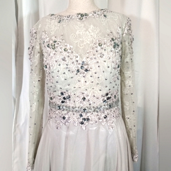 Long Sleeve Formal Lace Maxi Long Sleeve, Clear Jewels, Beads,Sequin, Pleated, 8 - Picture 3 of 16